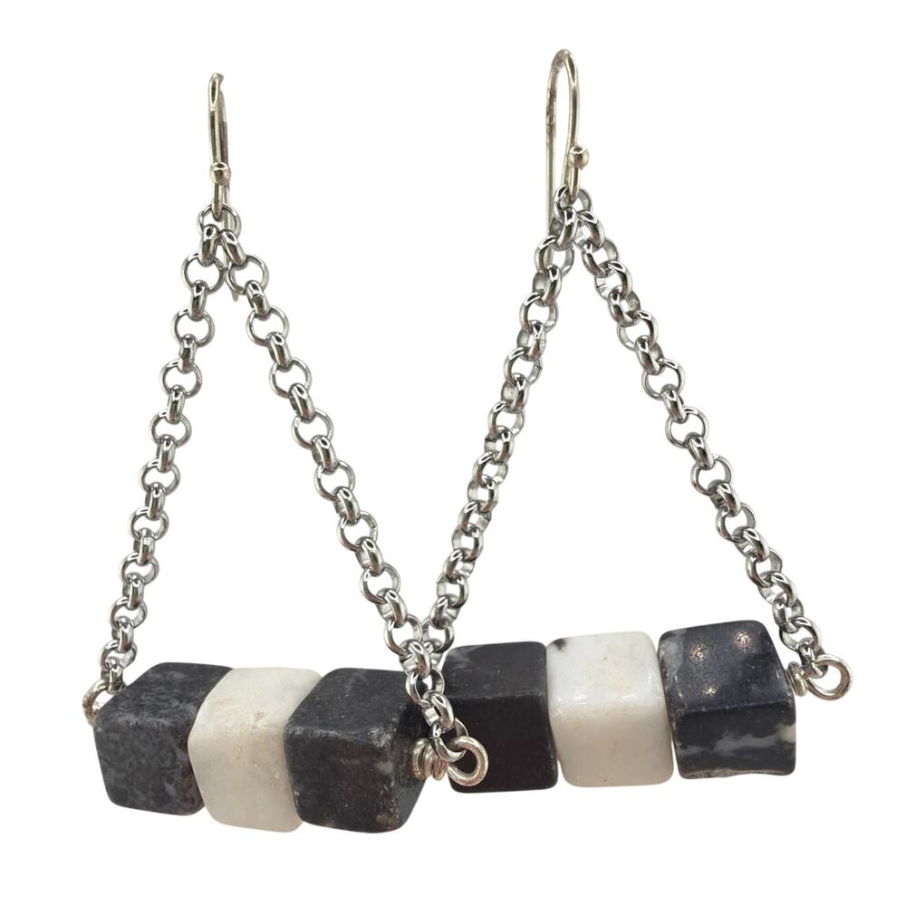 New Handcrafted Artisan Zebra Jasper Cube and Triangular Chain Earrings